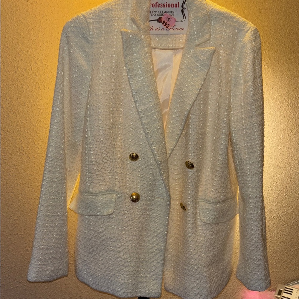 Talbot White Tweed Double Breasted Blazer with Gold Buttons